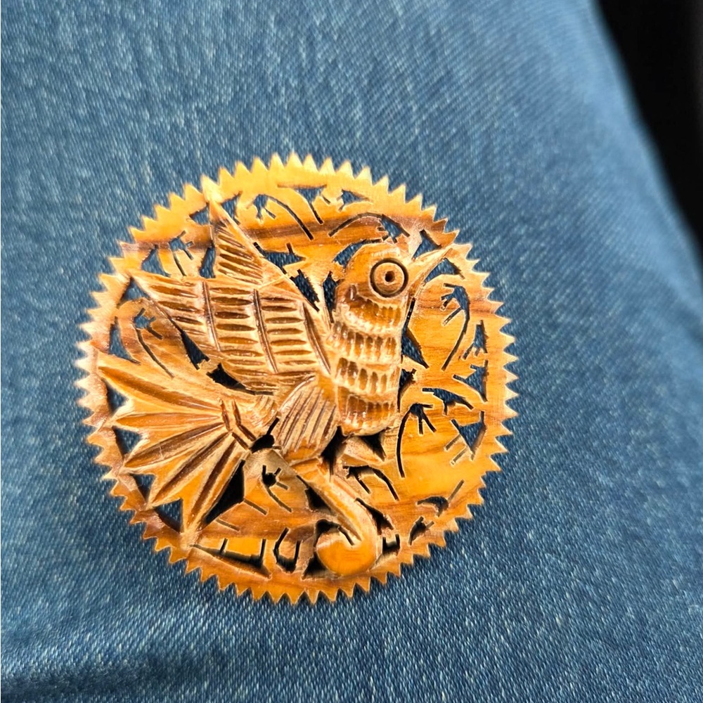 Vintage hand-carved olive wood dove brooch